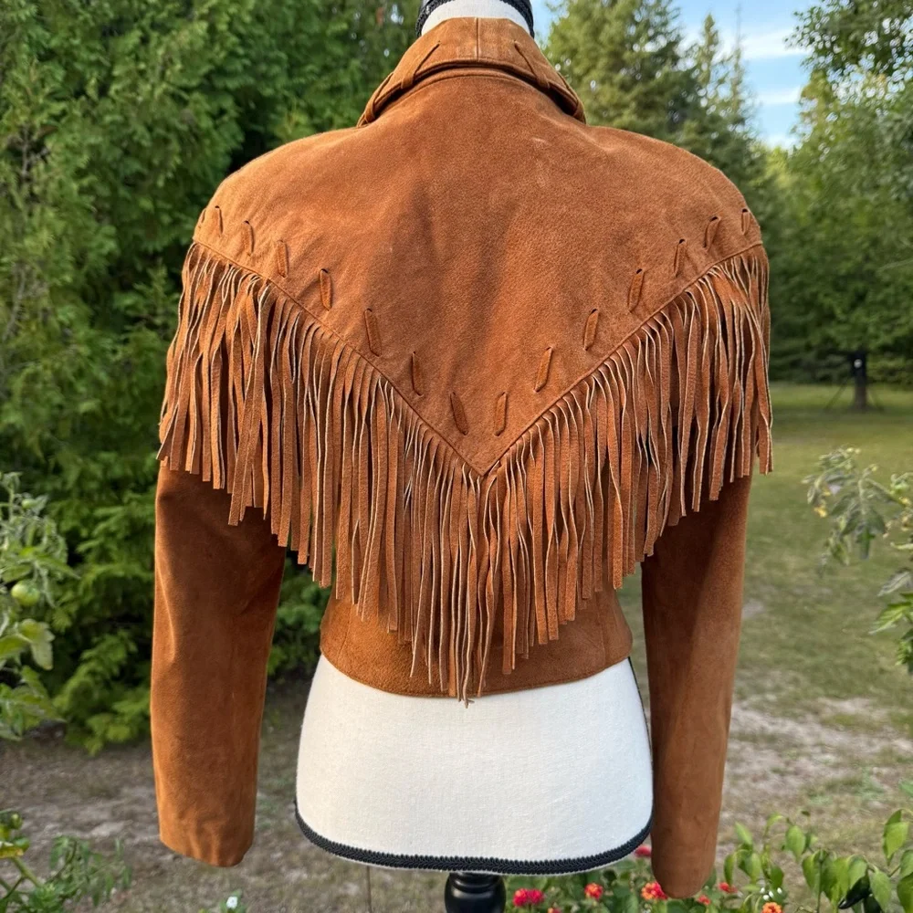 Vintage Phoenix USA Tan Fringed Women's Genuine Pig Split Jacket Blazer Medium - Picture 6 of 16